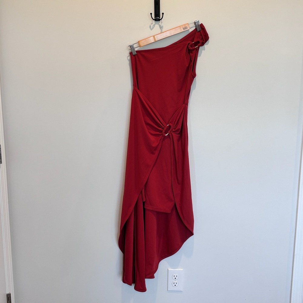 DKNY Dress Womens Size 2 Red One Shoulder Asymmetrical Ruched Evening Cocktail